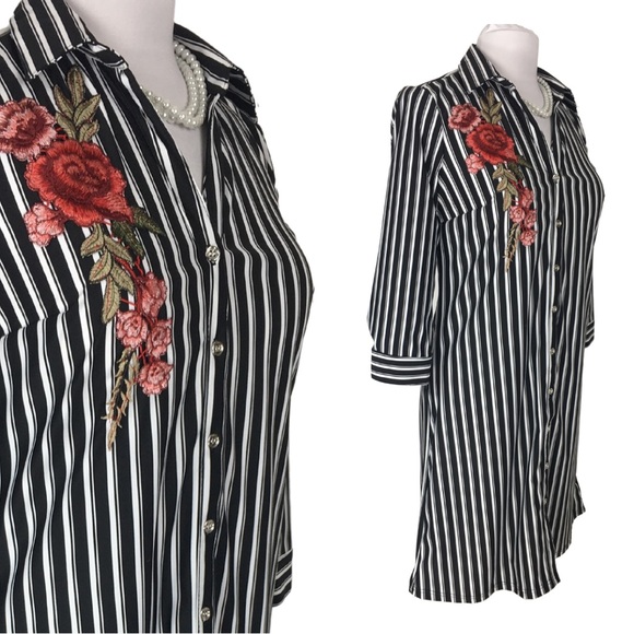 Mlle Gabrielle Black White Striped Stretch Button Down Shirt Dress size  Small - Picture 8 of 16